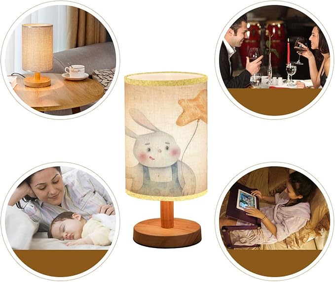 Minimalist Bedside Table Lamp cute childrens bunny holding colored holiday balls in hands holiday Wood Nightstand Lamp Bedside Desk Lamp Wood Base Flaxen Fabric Shade for Bedroom Living Room