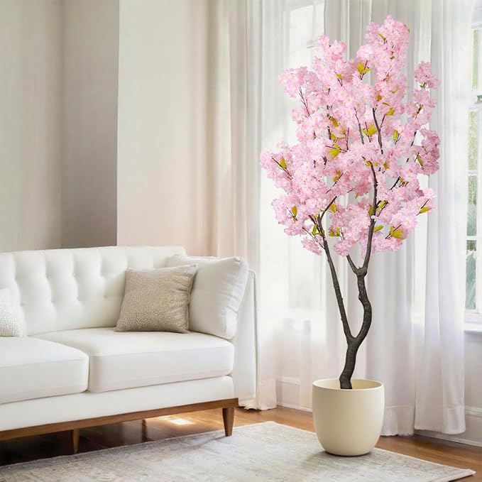 6.56ft Tall Pink Artificial Cherry Blossom Tree Decor, Fake Silk Flower Plant Indoor, Sakura Tree Realistic Faux Cherry Tree for Home Living Room Front Door Office