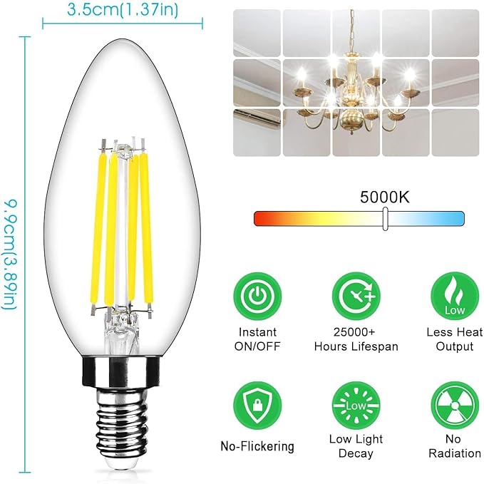 48-Pack Dimmable E12 LED Candelabra Bulbs 40Watt Equivalent, 5000K Daylight White, 450Lumens, 4W B11 Vintage Chandelier Light Bulbs, LED Filament Clear Glass Candle Lamp for Ceiling Fan Home Decor