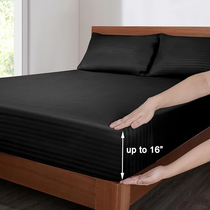 Mejoroom Striped King Size Sheet Set – Hotel Luxury Bed Sheets - Deep Pocket Up to 16 inch, Breathable, Wrinkle, Fade and Stain Resistant – 4 Piece(02-Black)