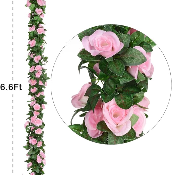5Pcs(41FT) Flower Garland Artificial Rose Vine Garland Artificial Flowers for Wedding Party Arch Garden Floral Garlands Decor (Pink and Greenery)