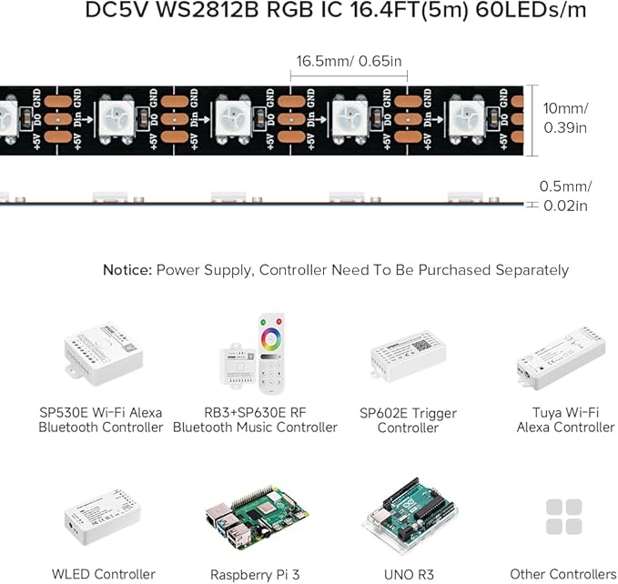 BTF-LIGHTING WS2812B IC RGB 5050SMD Pure Gold Individual Addressable LED Strip 16.4FT 300LED 60Pixel/m Flexible Full Color IP67 DC5V for DIY Chasing Color Project(No Adapter or Controller)