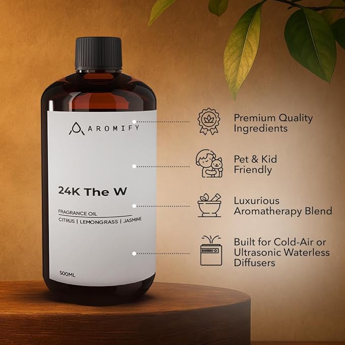 24K The W Diffuser Oil, 16.9 FL Oz 500 mL, Luxury Hotel Scent for Home, Bathroom, Spa & Office, Natural Essential Oil, Citrus & Lemongrass.