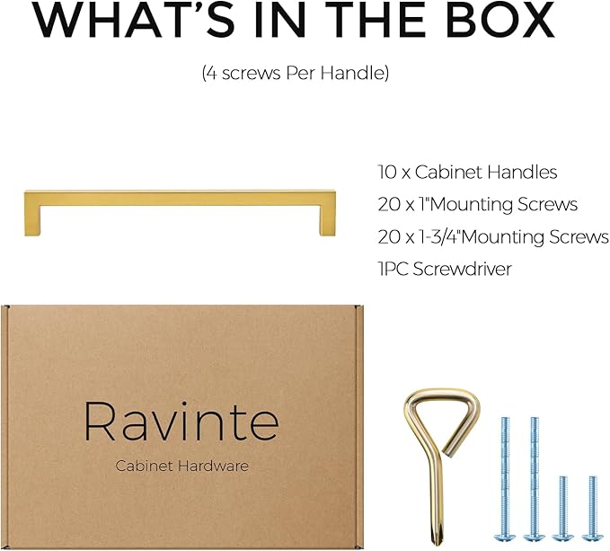 Ravinte 10 Pack Solid Kitchen Cabinet Handles Gold Slim Drawer Pulls with 7-1/2 Inch Hole Center Square Bar Kitchen Cabinet Hardware Brushed Brass Cupboard pulls