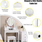 Giantex Makeup Vanity Table with 10 LED Lights, Adjustable Brightness, 3 Color Light Modes, 4 Drawers, Rotatable Mirror, Cushioned Stool, Vanity Desk Dressing Table Bedroom Furniture (White)