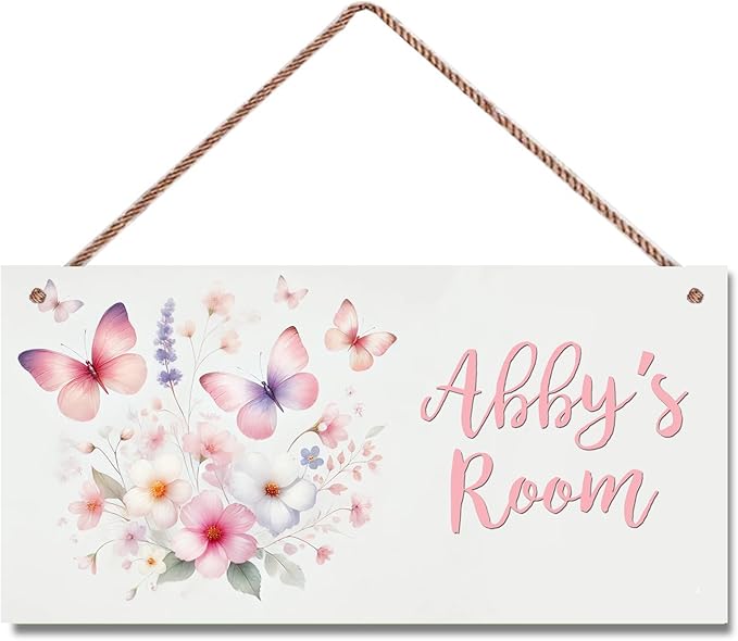 Personalized Sign - Sweet Flowers and Butterfly Door Sign & Wall Art - Nice Sign for Nursery Decor, Kids' Room Decor, Door Signs, Wall Hangers For Girls Bedroom
