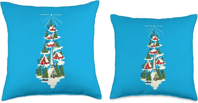 Vintage Scandinavian Christmas Collection Swedish Christmas Scene with Red Houses and Church in Snow Throw Pillow, 18x18, Multicolor