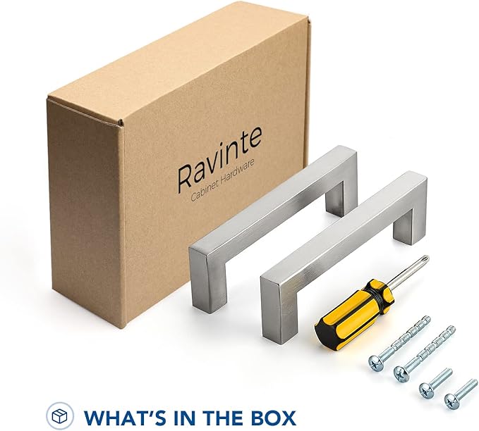 Ravinte 30 Pack 4 Inch Cabinet Pulls Brused Nickel Kitchen Cabinet Handles Square Kitchen Hardware for Cabinet