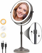 9" Lighted Makeup Mirror with with Lights and Magnification 1X/10x, 5000mAh Rechargeable Magnifying Vanity Mirror, 3 Light Colors Dimmable & Height Adjustable Mirror Gunmetal Grey