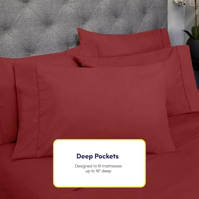 Sweet Home Collection 6 Piece 1500 Supreme Collection Brushed Microfiber Deep Pocket Sheet Set-2 Extra Pillow Cases, Great Value, Rv Short Queen, Burgundy