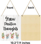 Rustic Grow Positive Thoughts Wood Hanging Sign, Farmhouse Summer Artwork Decor, Cactus and Succulent Wooden Plaque Sign Wall Art Decor Signs Home Decoration 8 x 10 Inches