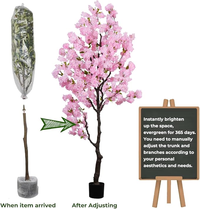 Artificial Pink Cherry Blossom Tree 7 FT Faux Flowering Trees Fake Cherry Blossom Decorative Tree Indoor for Home Decor
