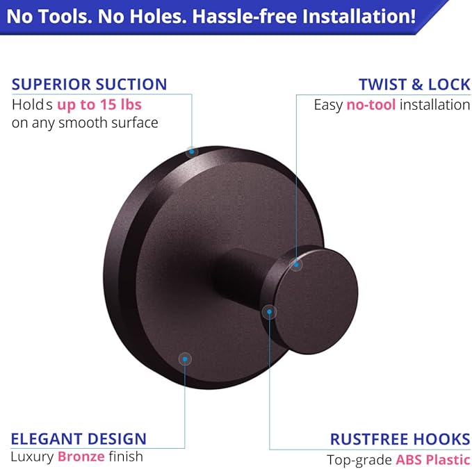 HOME SO Suction Cup Hooks for Shower, Bathroom, Kitchen, Glass Door, Mirror, Tile – Loofah, Towel, Coat, Bath Robe Hook Holder for Hanging up to 15 lbs – Waterproof & Rustproof, Dark Bronze (4-Pack)