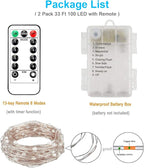 Homemory Red Halloween Fairy Lights Battery Operated with Remote, 2 Pack 33 Ft 100 LED Christmas String Lights, Waterproof 8 Modes Firefly Twinkle Silver Wire Lights for Bedroom Decor