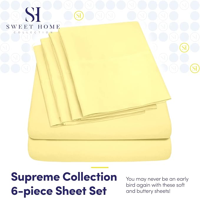 6 Piece Bed Sheet Set, Full, Pale Yellow