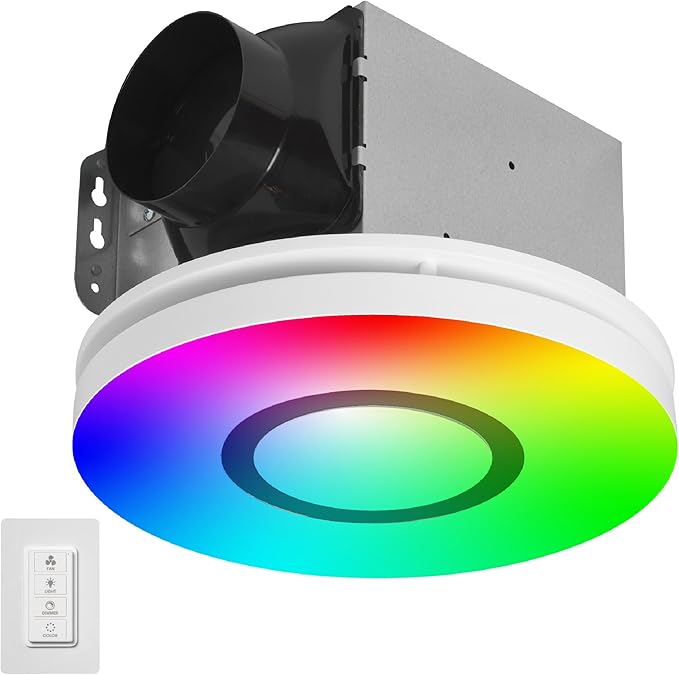 Homewerks 7141-80-RGB Bathroom Fan with Light LED Color Changing and Dimmable, SmartVent Humidity Sensing Ventilation Fan with Remote, 80 CFM 1.0 Sones