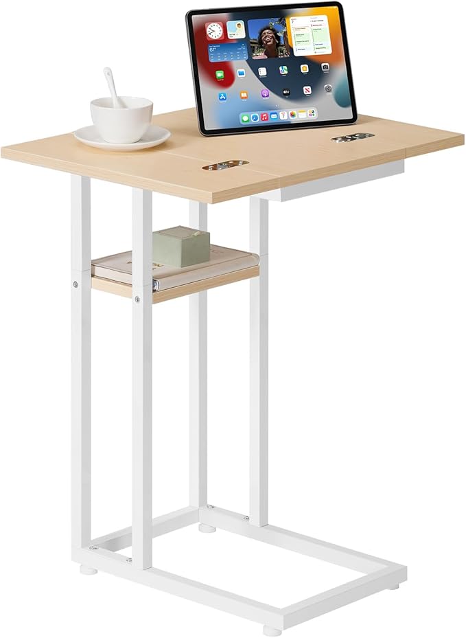 HOOBRO Foldable End Table, C Shaped Side Table with Storage Shelf, Small Snack Table Suitable for Living Room Bedroom Small Spaces, Easy Assembly, White and Natural WN29SF01