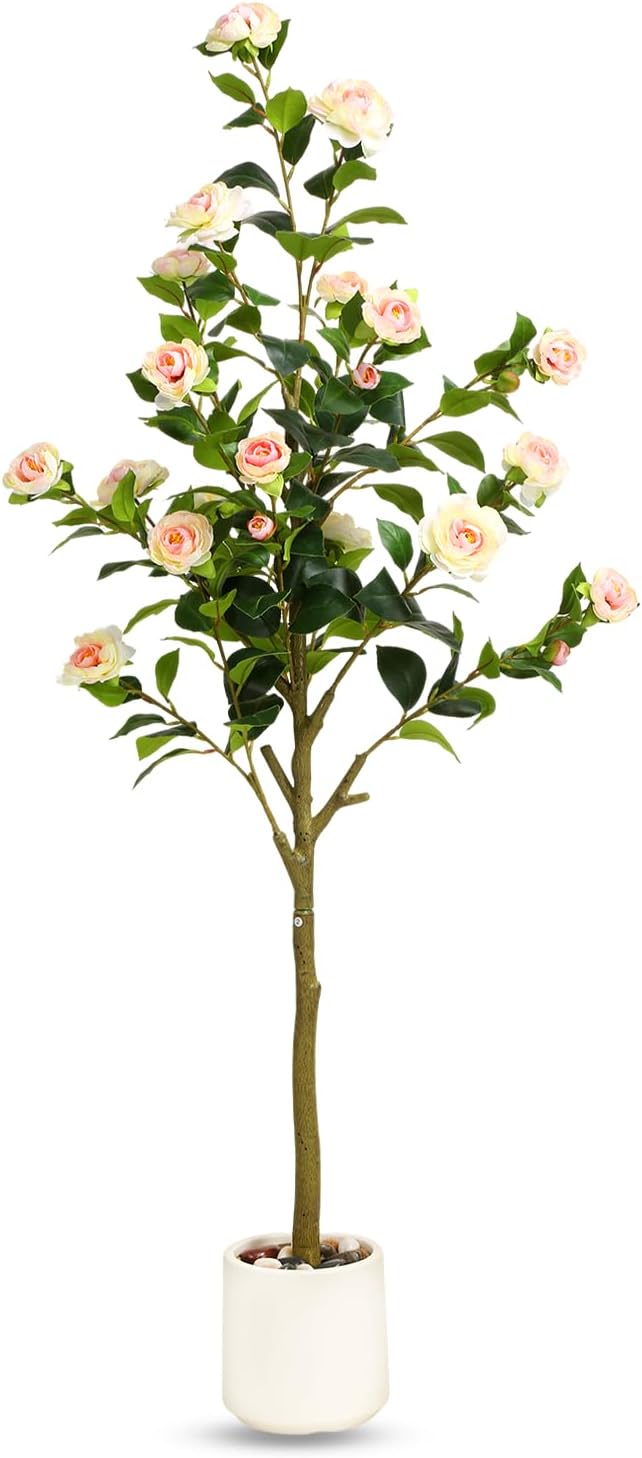 5FT Artificial Camellia Tree with White Planter & Pebbles,Faux Flower Tree with Lifelike Leaves and Realistic Trunk,Tall Fake Potted Plant for Home Decor Indoor Outdoor. (White, 5FT)
