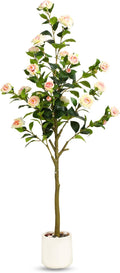 5FT Artificial Camellia Tree with White Planter & Pebbles,Faux Flower Tree with Lifelike Leaves and Realistic Trunk,Tall Fake Potted Plant for Home Decor Indoor Outdoor. (White, 5FT)