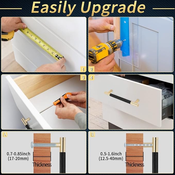 Knurled Cabinet Pulls 12 Pack, 6 Inch Long Cabinet Handles Metal Door Pulls, Kitchen Drawer Pull Knurled Dresser Handles - 5" Hole to Hole, Black & Gold