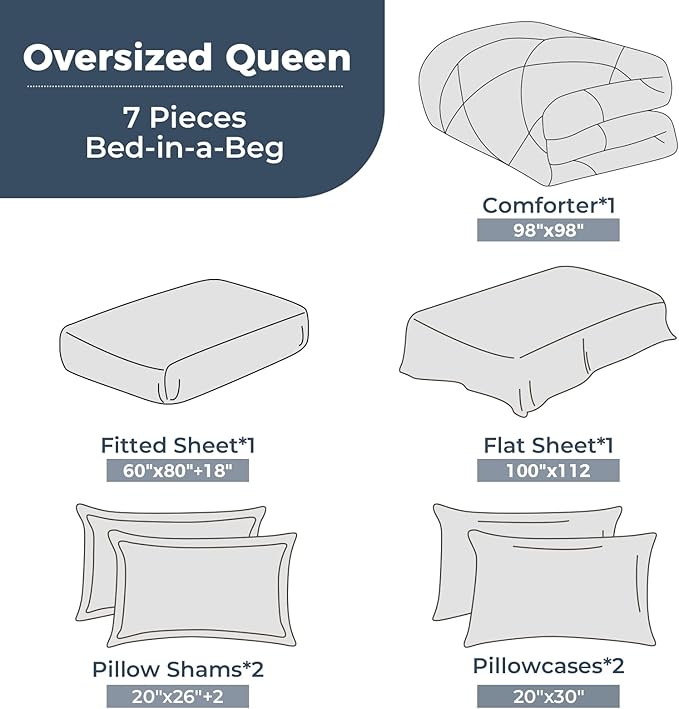 HEVUMYI Oversized Queen Comforter Set Light Grey - 7-Piece All Season Bed in a Bag Oversized Queen, Ultra Soft Bedding Set with Comforter, Flat Sheet, Fitted Sheet, Pillowcases, Pillow Shams