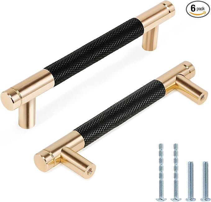 Knurled Cabinet Pulls 6 Pack, 5 Inch Long Cabinet Handles Metal Door Pulls, Kitchen Drawer Pull Knurled Dresser Handles - 3 3/4" Hole to Hole, Black & Gold