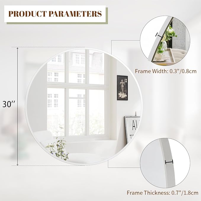 BEAUTYPEAK 30 Inch Round Mirror, Metal Frame Circle Mirror, Wall Mounted for Entryway, Bathroom, Vanity, Living Room, White