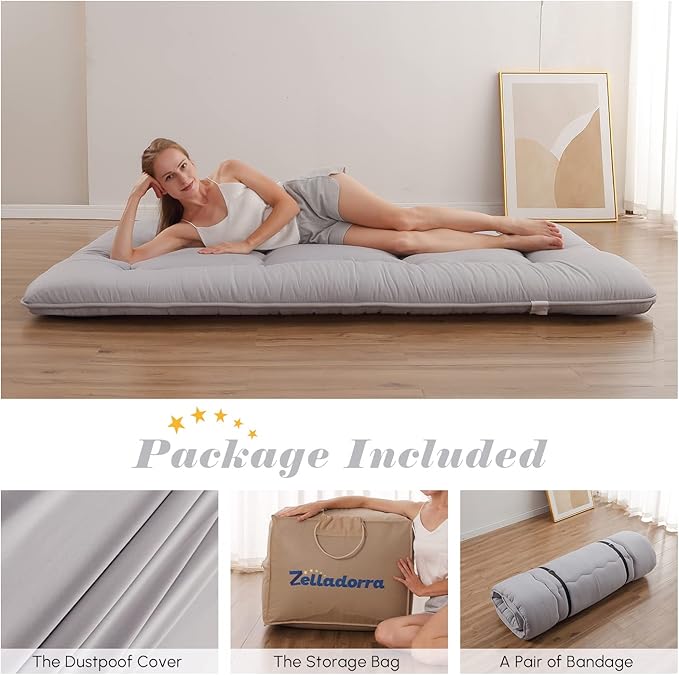 Japanese Floor Mattress, Futon Mattress with Portable Storage Bag and Washable Cover, Roll Up Thick Tatami Mat Suitable for Camping, Guest Room, Grey, Twin