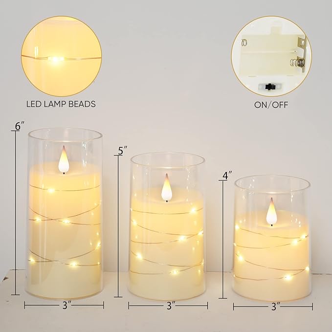 Homemory Flickering Flameless Candles with String Lights, Battery Operated Candles, Embedded String Lights LED Candles, Unbreakable Plexiglass Candle with Remote, Set of 3, Ivory White