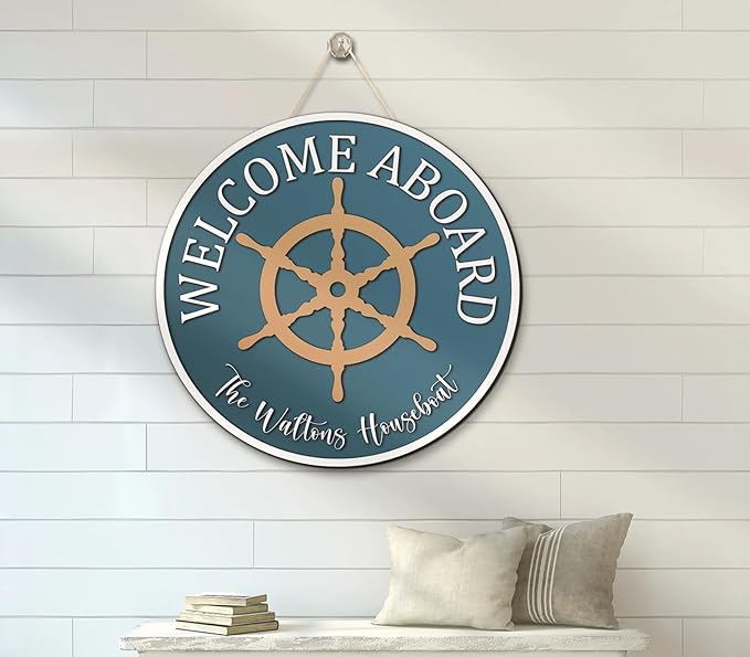 Custom Welcome Aboard Name Sign, Personalized Wooden Ocean Family Name Sign, Coastal Rustic Style, 8"x8", Color 4, Door Mount, Bedroom Office Decor