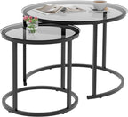 aboxoo Nesting Coffee Table Grey Glass Table Set of 2, Small Round Glass Nesting Tables for Living Room Bedroom, Accent Tea Table with Metal Frame Modern Industrial Simple