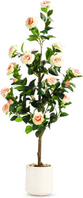 4FT Artificial Camellia Tree with White Planter & Pebbles,Faux Flower Tree with Lifelike Leaves and Realistic Trunk,Tall Fake Potted Plant for Home Décor Indoor Outdoor. (White, 4FT)