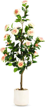 4FT Artificial Camellia Tree with White Planter & Pebbles,Faux Flower Tree with Lifelike Leaves and Realistic Trunk,Tall Fake Potted Plant for Home Décor Indoor Outdoor. (White, 4FT)