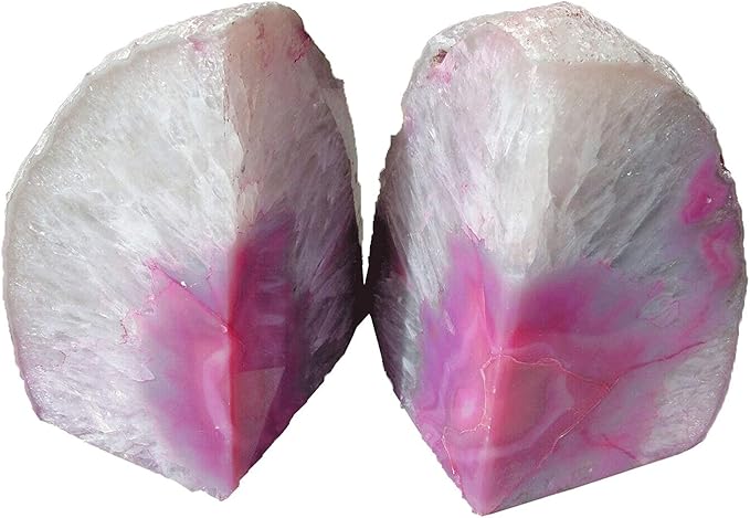 AMOYSTONE 2-3 Lbs Small Agate Bookends 1 Pair Natural Crystal Dyed Pink Decorative Book Stopper for Books Movies Cds