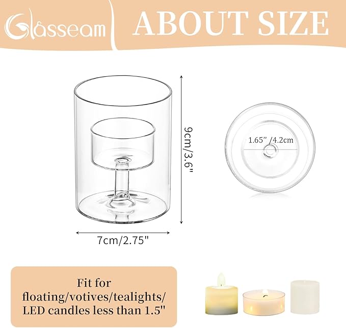 Glasseam Tea Lights Candle Holder: Set of 12 Decorative Modern Clear Glass Cylinder Candle Holders for Table Wedding Centerpiece Birthday Party Decorations