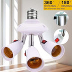 3-in-1 Light Socket Extender, E26/E27 to 3 Bulb Adapter with Adjustable Arms, 360° Rotatable for Ceiling Fan/Lamp Holder, UL Listed, Extension Splitter with Power Switch(White)