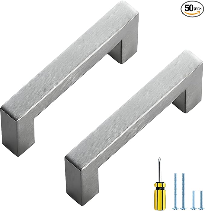 Ravinte 50 Pack Brushed Nickel Kitchen Cabinet Handles 3 Inch Cabinet Pulls Square Kitchen Hardware for Cabinet Drawer Pulls Drawer Handles Come with Screwdriver