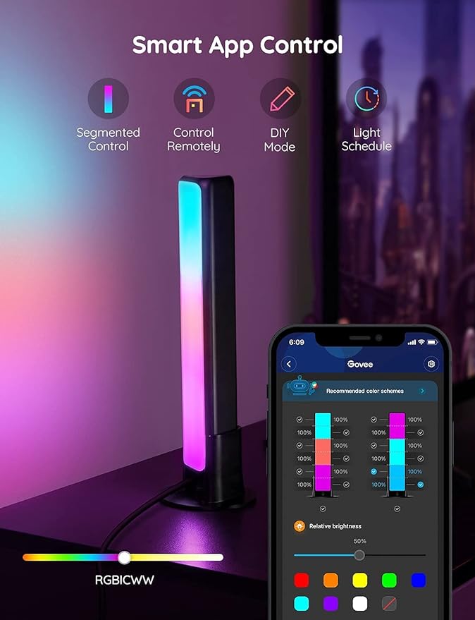 Govee Smart LED Light Bars, Work with Alexa and Google Assistant, RGBICWW WiFi TV Backlights with Scene and Music Modes for Gaming, Pictures, PC, Room Decoration