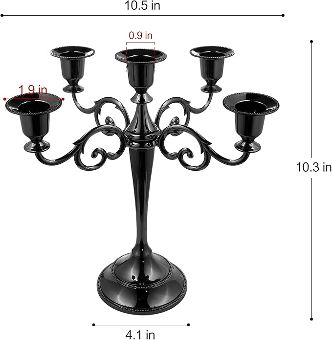 5-Candle Metal Candelabra 10.2 Inch Tall Candlestick Candle Holders for Home Decor Wedding Christmas Church Halloween Party, Black