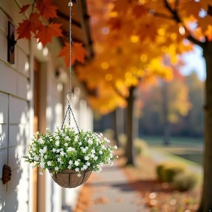 Artificial Hanging Flowers Basket, 12 UV-Resistant Bundles of Realistic Fake Flowers, Faux Plants for Outdoor Decor, Home, Garden, Porch, Patio, Spring & Summer Decorations, White