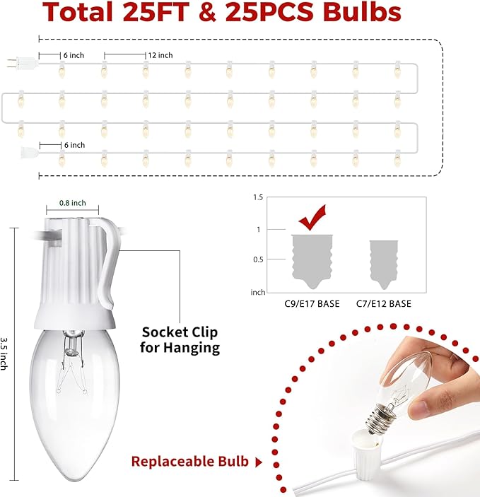 25 Feet C9 Bulb String Lights Outdoor White Christmas Lights for Outdoor Patio Room Christmas Party Backyard Decoration,Warm White, Clear Glass