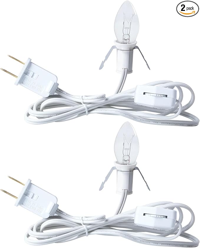 Accessory Cord with One Clear Light Bulb, 6 Feet UL Listed White Cord with On and Off Switch Plugs - Perfect for Holiday Decorations and Craft Projects, 2 Pack
