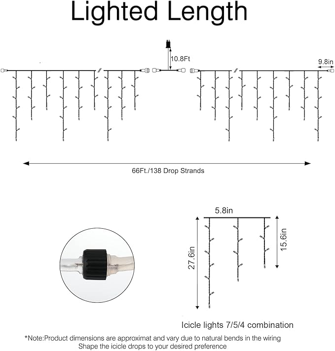 Brightown Blue Icicle Lights, 66Ft 736 LED Outdoor with 138 Drops, 8 Modes Remote and Timer for Halloween, Hanukkah