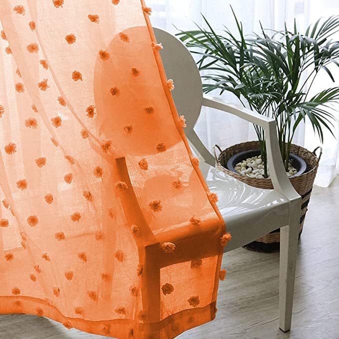 MYSKY HOME Orange Sheer Short Curtains with Pom Pom for Small Windows Bedroom Nursery Kids Girls Room Curtains Cafe Kitchen Light Filtering Boho Drapes, Rod Pocket,52 x 45 Inches, 2 Panels