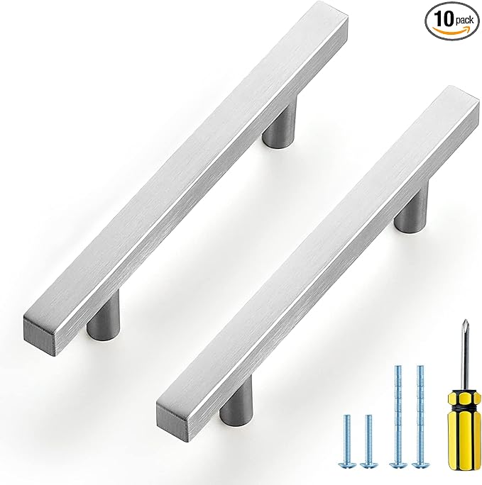 Ravinte Brushed Nickel Cabinet Handles 10 Pack 3-1/2 inchSatin Nickel Square Cabinet Pulls Silver Hardware for Kitchen Cabinets 6 inch Overall Length Stainless Steel Drawer Pulls