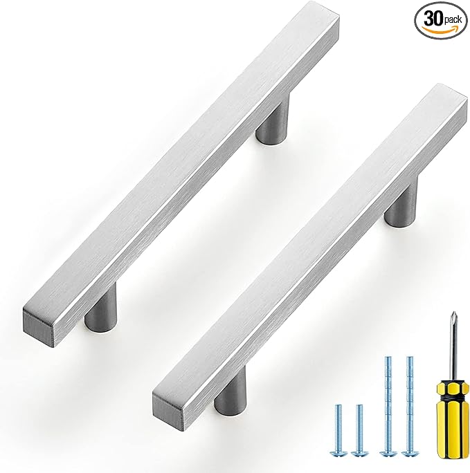 Ravinte Brushed Nickel Cabinet Handles 30 Pack 3-1/2 inchSatin Nickel Square Cabinet Pulls Silver Hardware for Kitchen Cabinets 6 inch Overall Length Stainless Steel Drawer Pulls