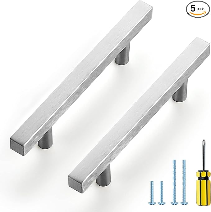 Ravinte Brushed Nickel Cabinet Handles 5 Pack 3-1/2 inchSatin Nickel Square Cabinet Pulls Silver Hardware for Kitchen Cabinets 6 inch Overall Length Stainless Steel Drawer Pulls