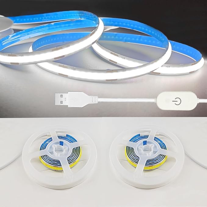 A 5V USB LED Light Strip, COB LED Strip Lights, White 5V LED Lights, Small LED Strip Light, TV Lights for TV Under Cabinet Kitchen Living Room Shelving or Displays (White, 3.28FT x2)