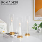 Romadedi Candlestick Candle Holders Hurricane Glass - 12 Inch Clear Gold Taper Candle Holders for Table Centerpiece Wedding Party Birthday Christmas Decor Home Decorations, Set of 2