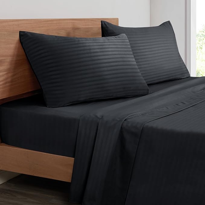 Mejoroom Striped King Size Sheet Set – Hotel Luxury Bed Sheets - Deep Pocket Up to 16 inch, Breathable, Wrinkle, Fade and Stain Resistant – 4 Piece(02-Black)